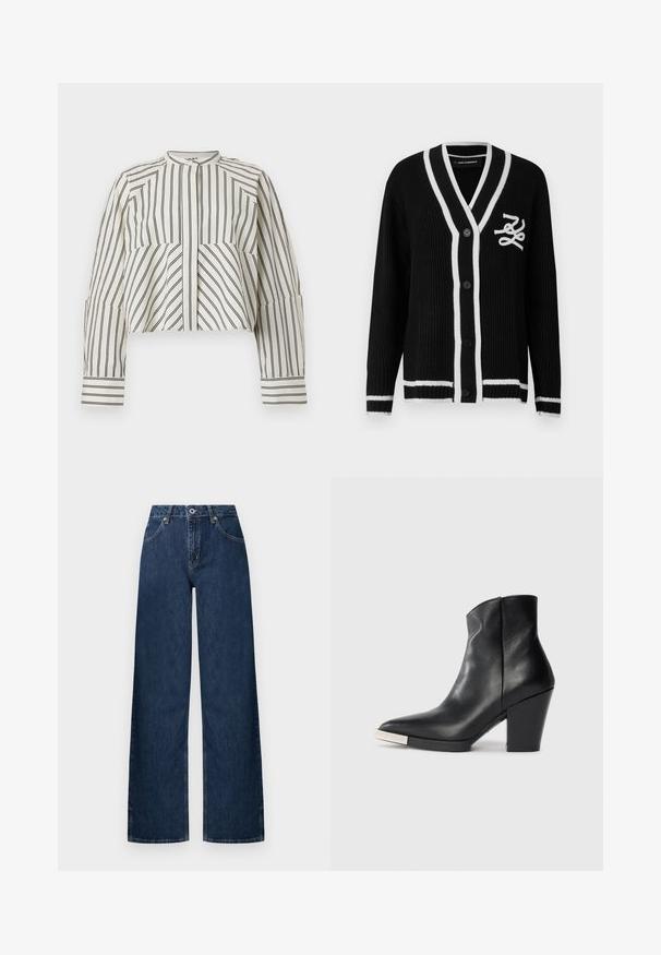 Black knitted cardigan with white trim, buttons down front, long sleeves, and white embroidered logo on left chest.; Cropped shirt in cream with black vertical stripes. Features a high neckline, front button placket, and long sleeves with cuff details.; White short-sleeve t-shirt with black "Karl Lagerfeld 21 Rue St-Guillaume Paris" text printed on front, crew neck collar.; Wide-leg jeans made of dark denim. Features a classic five-pocket design, button closure, and subtle fading at the knees.; Black leather ankle boot with a pointed toe, high block heel, and silver toe cap detail. Smooth texture and simple design.