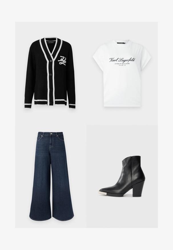 Cardigan nero lavorato a maglia con bordo bianco, bottoni sul davanti, maniche lunghe e logo ricamato bianco sul petto sinistro.; Maglietta bianca a maniche corte con testo nero "Karl Lagerfeld 21 Rue St-Guillaume Paris" stampato sul davanti, collo a giro.; Jeans in denim scuro a gamba larga con vita alta, caratterizzati da dettagli cuciti, chiusura con bottoni e classico design a cinque tasche.; Stivale alla caviglia in pelle nera con punta affilata, tacco a blocco alto e dettaglio in metallo argentato sulla punta. Texture liscia e design semplice.