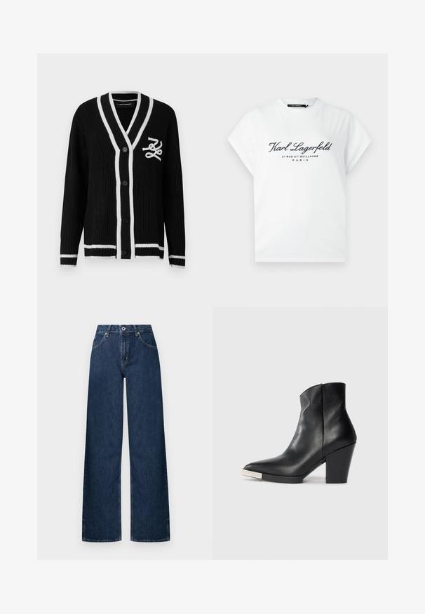 Melns adīts kardigans ar baltu apmali, pogām priekšpusē, garām piedurknēm un baltu izšūtu logotipu kreisajā krūtīs.; Balta īsroku T-krekls ar melnu uzrakstu "Karl Lagerfeld 21 Rue St-Guillaume Paris" priekšpusē, ar apaļu kakla izgriezumu.; Plaša silueta džinsi tumši dzeltenā audumā. Ietver klasisku piecu kabatu dizainu, pogas aizdari un smalku izbalēšanu ceļgalos.; Melnas ādas potītes zābaki ar norādītu purngalu, augstu kvadrātveida papēdi un sudraba purngalu apdari. Gluda tekstūra un vienkāršs dizains.
