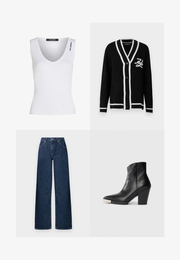 Cardigan negru tricotat cu margine albă, nasturi pe față, mâneci lungi și logo alb brodat pe pieptul stâng.; Top alb fără mâneci, din material texturat cu nervuri, având un decolteu adânc în V și un discret logo „Karl Lagerfeld” pe umăr.; Blugi cu croială largă din denim închis la culoare. Prezintă un design clasic cu cinci buzunare, închidere cu nasturi și o decolorare subtilă la genunchi.; Botină de piele neagră până la gleznă, cu vârf ascuțit, toc înalt tip bloc și detaliu cu capac metalic argintiu. Textură netedă și design simplu.