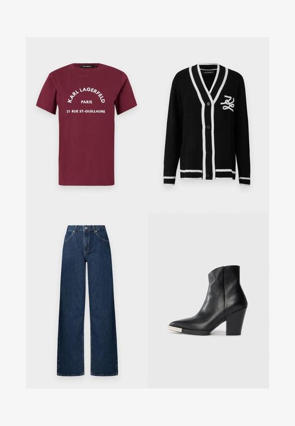 Juodas megztas kardiganas su baltu apvadu, sagomis priekyje, ilgomis rankovėmis ir baltu siuvinėtu logotipu ant kairiojo krūtinės srities.; Burgundinės trumpomis rankovėmis marškinėliai su balta užrašu "KARL LAGERFELD PARIS 21 RUE ST-GUILLAUME" spausdintu priekyje, centre.; Platus džinsai iš tamsios džinsinio audinio medžiagos. Turi klasikinį penkių kišenių dizainą, užsegimą su mygtuku ir švelnų nutrinimą ties keliais.; Juodas odinis kulkšninis botas su smailiu pirštu, aukštu blokuotu kulnu ir sidabriniu piršto dangteliu. Lygus paviršius ir paprastas dizainas.