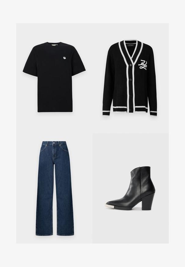 Black knitted cardigan with white trim, buttons down front, long sleeves, and white embroidered logo on left chest.; Black cotton t-shirt with short sleeves, featuring a small white flower embroidery on the left chest. Standard fit and crew neck design.; Wide-leg jeans made of dark denim. Features a classic five-pocket design, button closure, and subtle fading at the knees.; Black leather ankle boot with a pointed toe, high block heel, and silver toe cap detail. Smooth texture and simple design.
