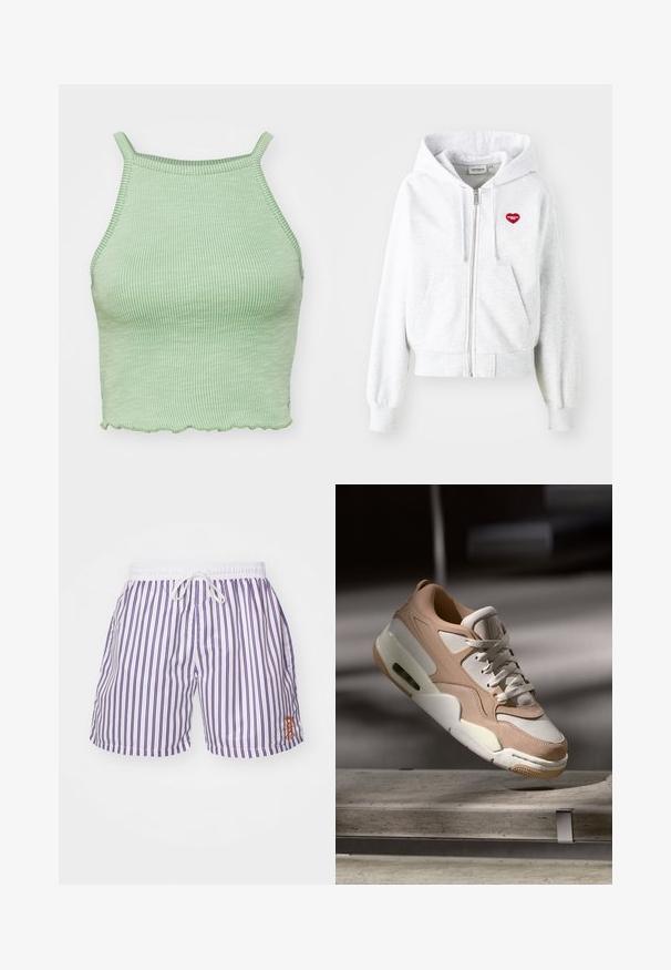 Světle šedá mikina na zip s klokaní kapsou, žebrovanými manžetami a červeným srdíčkovým logem na levé hrudi. Měkký materiál z bavlněné směsi.; Zelený svršek na krátko s tenkými ramínky, s vlnitým lemem a strukturovanou tkaninou. Žádné výrazné prvky nebo vzory.; Pánské plavkové šortky bílé barvy s vertikálními fialovými pruhy, elastický pas se stahovací šňůrkou a malým oranžovým vysávaným logem na levé straně.; Béžové a bílé tenisky s hladkým koženým a semišovým povrchem, které mají polstrovaný jazyk, šněrování v přední části a viditelnou vzduchovou jednotku.
