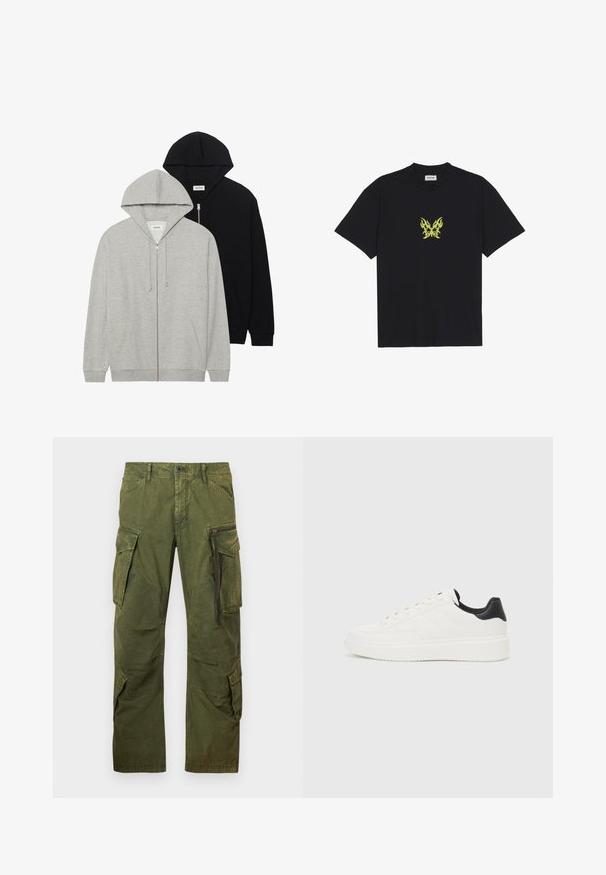 Duos džemperiai su gobtuvu: vienas pilkas su užtrauktuku priekyje ir kengūros kišenėmis, kitas juodas su užtrauktuku priekyje, abu pagaminti iš minkštos medžiagos.; Juodas medvilnės marškinėliai su mažuoju geltonu ugnies rašto drugeliu ant krūtinės. Apvalus kaklas, trumpi rankovės.; Kelių kišenių kelnės alyvuogių žalia spalva, pagamintas iš medvilnės mišinio. Yra keli šoninės kišenės, užtrauktukas ir sustiprinta siuvimo siūlė, užtikrinanti ilgaamžiškumą.; Balti odiniai sportbačiai su įspaustu raštu, tekstūruotas baltas vidpadis ir juodas kulno akcentas. Ypatybės: apvalus pirštas ir plokščios batraiščiai.