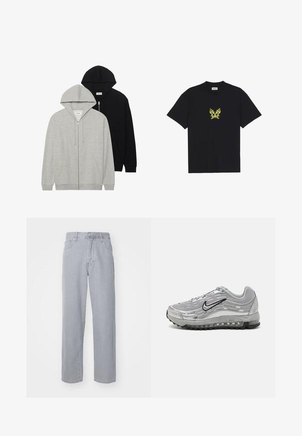 Dois sweatshirts com capuz: um cinza com fecho à frente e bolsos tipo canguro, o outro preto também com fecho à frente, ambos feitos de tecido suave.; T-shirt de algodão preto com um pequeno gráfico de borboleta em padrão de chama amarela no peito. Decote redondo, mangas curtas.; Jeans de denim cinza claro com um design de perna reta, cinco bolsos, passantes para cinto e fecho de botão. Textura suave sem padrões visíveis.; Sapatilhas Nike Air Max cinzas com um upper em malha e sintético, design em forma de onda, acentos em preto e uma unidade de amortecimento de ar visível.