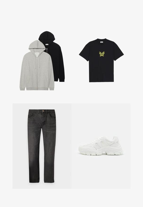 Dva dukseva s kapuljačom: jedan sivi s patentnim zatvaračem i kengurudžepovima, drugi crni također s patentnim zatvaračem, oboje od mekanog materijala.; Crna pamučna majica s grafikom leptira u malom žutom plamenu na prsima. Okrugli izrez, kratki rukavi.; Crne traperice ravnog kroja, s pet džepova i kopčanjem na dugme. Tkanina ima glatku teksturu s blagim izblijedjelim efektom.; Bijele atletske tenisice s mrežastim gornjim dijelom i kožnim akcentima, teksturiranom gumeno dnom i robusnim dizajnom s istaknutim konturama.