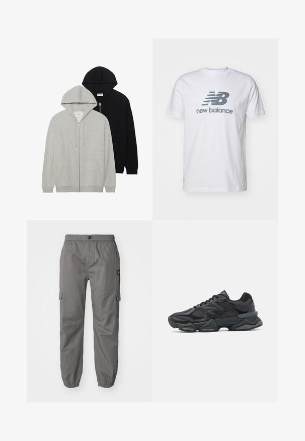 Δύο φούτερ με κουκούλα: το ένα γκρι με μπροστινό φερμουάρ και τσέπες καγκουρό, το άλλο μαύρο με μπροστινό φερμουάρ, και τα δύο από μαλακό ύφασμα.; Λευκό βαμβακερό μπλουζάκι με γκρι λογότυπο "NB" και κείμενο "new balance", κοντά μανίκια, κλασικός σχεδιασμός με στρογγυλή λαιμόκοψη, ομαλή υφή.; Γκρι cargo παντελόνια με ελαστική μέση, κουμπί κλεισίματος και πλαϊνές τσέπες. Το ύφασμα φαίνεται ελαφρύ με ομαλή υφή.; Μαύρο αθλητικό παπούτσι με συνδυασμό πλέγματος και συνθετικών υλικών, χοντρή σόλα, καμπυλωτό σχέδιο και έντονη επωνυμία στο πλάι.