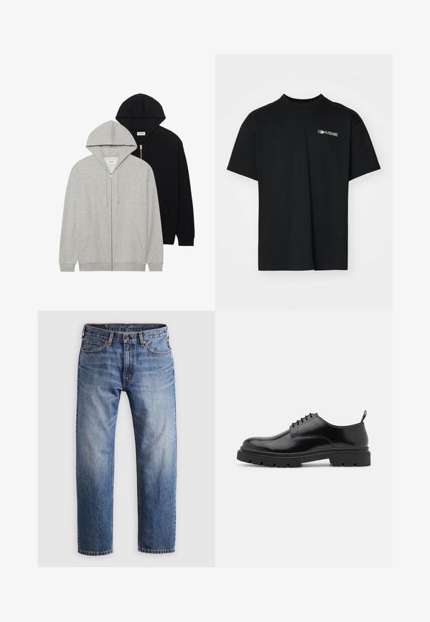 Kaks kapuutsiga sviiteri: üks hall, millel on lukuga ees ja kenguru taskud, teine must, millel on samuti lukuga ees, mõlemad pehmest kangast.; Must have lühikeste varrukatega must puuvillane T-särk, millel on ümmargune kaelus ja värviline "Converse" logo tikand vasakul rinnal.; Sirged denimi sinised teksad, millel on nööp ja lukk, viis taskut ning oranž õmblus heledal hallil taustal.; Mustad nahast kingad, millel on ümar nina, sile tekstuur ja sooniline kummist tald. Omavad väikest kontsi ja tõmblinti taga.