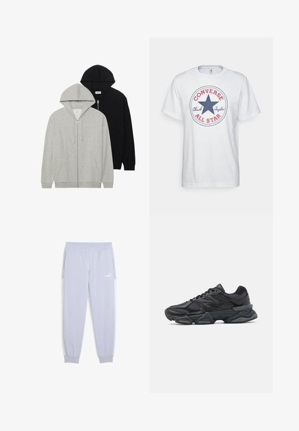 Zwei Kapuzenpullover: einer in Grau mit Reißverschluss und Kängurutaschen, der andere in Schwarz mit Reißverschluss, beide aus weichem Stoff.; Weißes Baumwoll-T-Shirt mit einem kreisförmigen Grafikdesign, das einen blauen Stern, den roten Schriftzug "CONVERSE" und den Text "Chuck Taylor ALL STAR" zeigt. Kurze Ärmel, lässige Passform.; Helle lila Jogginghosen aus weichem Material, mit einem elastischen Bund, seitlichen Taschen und weißen Streifenakzenten.; Schwarzer Laufschuh mit einer Mischung aus Mesh- und sinthetischen Materialien, dicke Sohle, geschwungenes Design und auffälliger Markenkennzeichnung an der Seite.