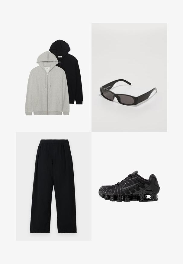 Two hooded sweatshirts: one grey with a zip front and kangaroo pockets, the other black with a zip front, both made of soft fabric.; Set of three basic t-shirts in black, white, and light grey. Short sleeves, round neck, made from smooth cotton fabric. Brand logo visible.; BDG Urban Outfitters BOBBI PANT - Trousers - black; Black athletic shoe with mesh upper and glossy overlays. Features curved coil cushioning and textured lines on the side. Nike logo visible.; Black rectangular sunglasses with dark lenses, a smooth plastic frame, and a subtle logo on the left arm. Minimalist design.; Set of silver earrings featuring various designs: studs, hoop styles with spikes, a heart charm, and dangling chains with spikes.