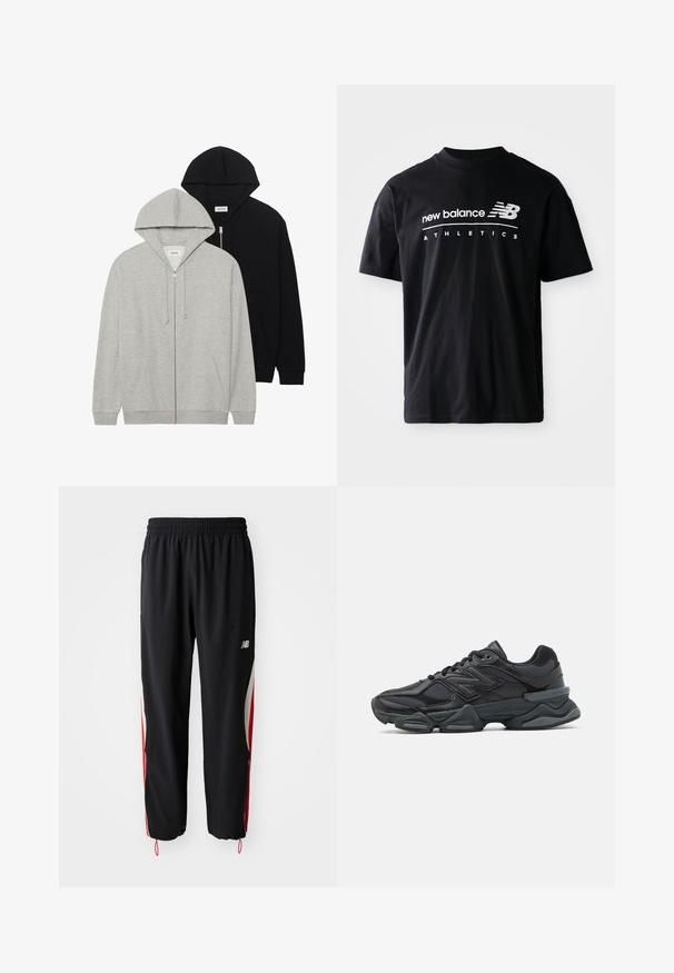 Two hooded sweatshirts: one grey with a zip front and kangaroo pockets, the other black with a zip front, both made of soft fabric.; Black cotton t-shirt featuring a crew neck, short sleeves, and white "new balance" and "ATHLETICS" text graphics on the front.; New Balance IN GAME TRACK PANT - Tracksuit bottoms - black; Black running shoe featuring a mix of mesh and synthetic materials, chunky sole, curved design, and prominent branding on the side.