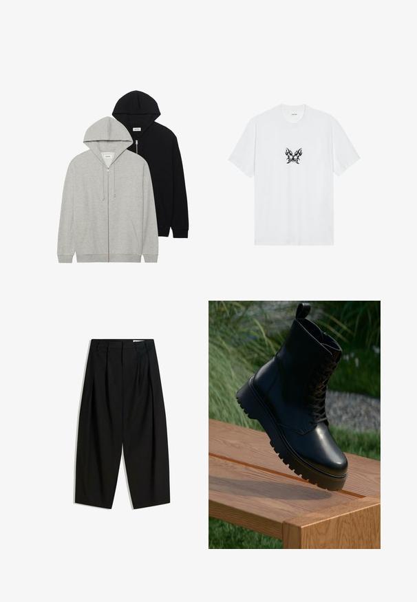 D dvě mikiny s kapucí: jedna šedá se zipem vpředu a klokankovými kapsami, druhá černá s zipem vpředu, obě vyrobené z měkké tkaniny.; Bílý bavlněný tričko s krátkými rukávy a kulatým výstřihem. Obsahuje centrální černou grafiku motýla se vzorem plamenů. Hladká textura.; Černé kalhoty s vysokým pasem a širokými zkrácenými nohavicemi, s plisováním v přední části pro přidanou texturu a strukturu.; Černá kožená kotníčková bota s texturovaným povrchem, šněrováním v přední části a robustní, rýhovanou podrážkou. Prezentována na dřevěném povrchu s pozadím trávy.