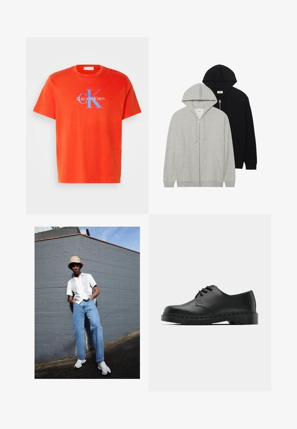 Kaks kapuutsiga sviiteri: üks hall, millel on lukuga ees ja kenguru taskud, teine must, millel on samuti lukuga ees, mõlemad pehmest kangast.; Punane puuvillane T-särk lühikeste varrukatega, mille ees on sinine "Calvin Klein" logo ja "CK" disain. Lihtne ümmargune kaelus.; Lühikeste varrukatega valge särk, millel on heledad hallid triibud, sinised teksad ja valged spordijalatsid, halli seina taustal selge sinise taevaga.; Mustad musta nahast oksfordi king, millel on paeltega disain, ümar nina, lame kummist tallal ja diskreetne õmblemise detail ülemise osa ääres.
