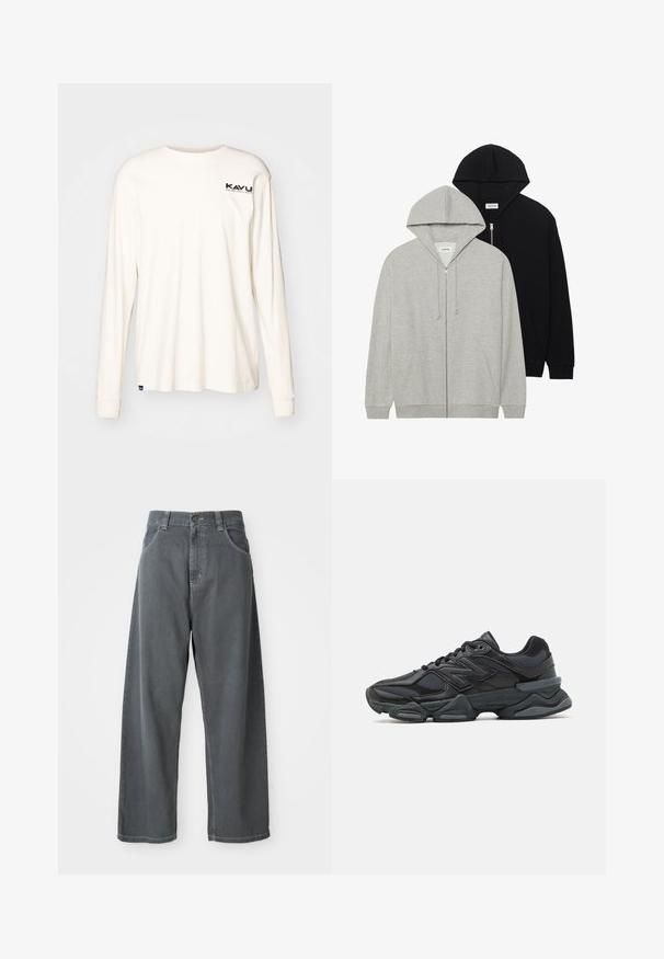 Kaks kapuutsiga sviiteri: üks hall, millel on lukuga ees ja kenguru taskud, teine must, millel on samuti lukuga ees, mõlemad pehmest kangast.; Pikend käistega kreemjas värvi puuvillane särk, millel on ümmargune kaelus. Vasakul rinnal on väike must logo. Pehme tekstuur, mugav lõige.; Hallide denim laiade püksid kõrge vöökoht, millel on eestaskud, vöökohale mõeldud paelad ja nööpidega kinnitamine.; Mustad mustus jooksukeng, mis sisaldab segu võrgust ja sünteetilisest materjalist, jäme talla, kaarduv disain ja silmapaistev bränding külgedel.