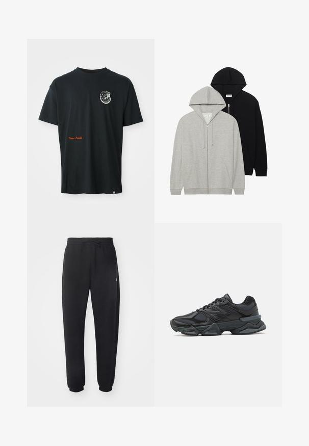 Dva dukseva s kapuljačom: jedan sivi s patentnim zatvaračem i kengurudžepovima, drugi crni također s patentnim zatvaračem, oboje od mekanog materijala.; Crna majica s kratkim rukavima s malim bijelim grafikom fosila na prsima i narančastim natpisom "Texas Fossils" blizu donjeg lijevog dijela.; Crne sweatpants napravljene od mekog materijala s elastičnom trakom u struku, žicom za zatezanje i suženim manžetama, s blagim logotipom sa strane.; Crne trkačke tenisice izrađene od kombinacije mrežastih i sintetičkih materijala, s debelim potplatom, zakrivljenim dizajnom i istaknutim brendom sa strane.