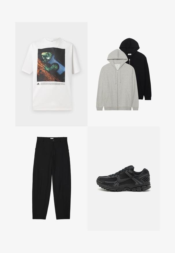 Dos sudaderas con capucha: una gris con cremallera frontal y bolsillos tipo canguro, la otra negra con cremallera frontal, ambas hechas de un tejido suave.; Camiseta de algodón blanca con un gráfico de iguana verde sobre un fondo negro. El texto abajo proporciona información relacionada con el diseño.; Pantalones negros de canalé con un corte relajado. Cuentan con bolsillos frontales y un cierre de botón en la cintura. Textura suave y diseño de pierna recta.; Zapatilla deportiva negra con parte superior de malla, suela de goma y acentos texturizados. El diseño incluye un sistema de lazado pronunciado y una suela acolchada.