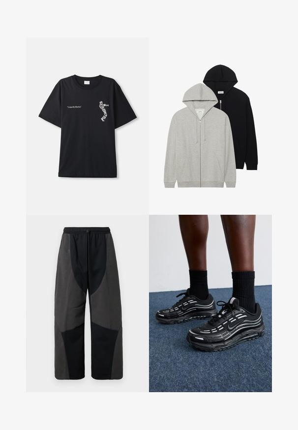 Dois sweatshirts com capuz: um cinza com fecho à frente e bolsos tipo canguro, o outro preto também com fecho à frente, ambos feitos de tecido suave.; T-shirt preta de algodão com ajuste oversized. Apresenta texto branco "United By Rhythm" e design gráfico na parte da frente. Estilo clássico de gola redonda.; Calças pretas com detalhes em fleece e um corte relaxado, apresentando painéis de tecido cinza escuro em contraste e uma cintura elástica ajustável com cordão.; Os sapatos pretos da Nike apresentam um upper em malha com riscas de destaque, atacadores texturizados e uma sola de borracha preta. Usados com meias pretas caneladas.