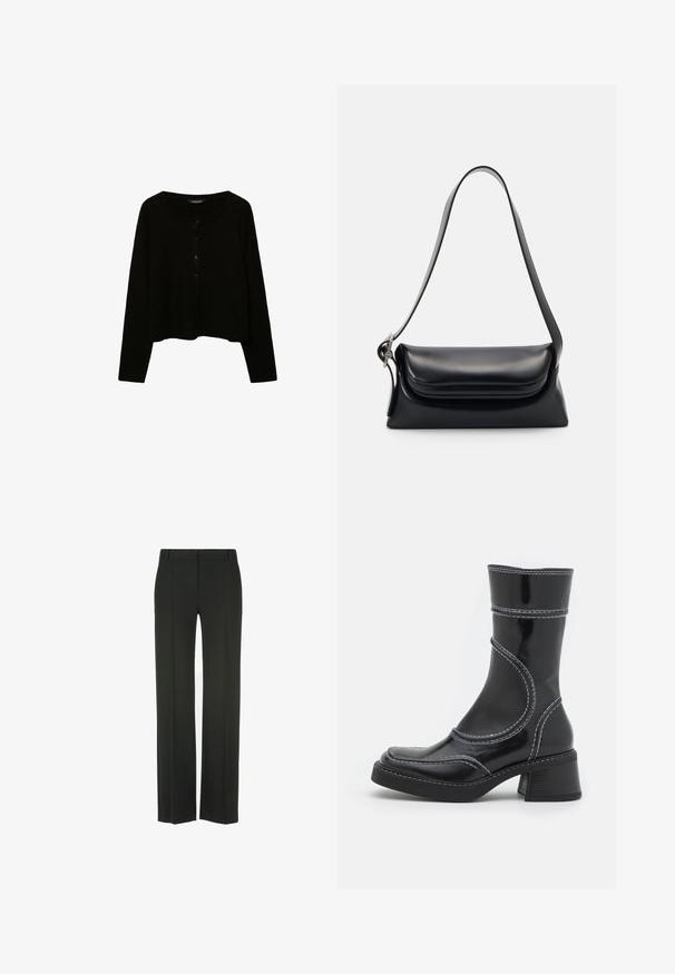 Mustakortti, jossa on pitkät hihat, pyöreä pääntie ja napit edessä. Valmistettu teksturoidusta neulekankaasta.; PULL&BEAR Toppi - white; Mustat, leveälahkeiset housut, jotka on valmistettu sileästä kankaasta; sisältävät sileän etuosan, taitokset, vyölenkit ja muotoillun siluetin.; Musta lakattu nahkasaapas nilkkamallissa, jossa on valkoiset ompeleet, pyöreä kärki ja lohkarekorko. Ominaisuuksiin kuuluvat kaarevat muotoilulinjat ja sileä pinta.; Musta nahkainen käsilaukku, jossa on jämäkkä muoto, sileä pinta ja yksi olkahihna. Sisältää hienovaraisen, pyöristetyn läppädesignin.