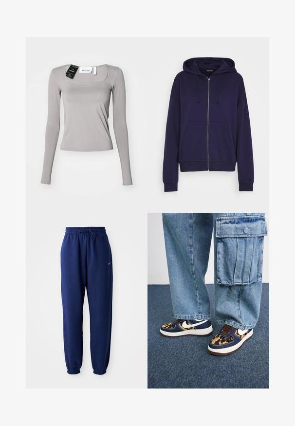 Even&Odd Hoodie - dark blue; Long-sleeve shirt in light gray, featuring a square neckline, slim fit, and smooth fabric. Includes tags attached at the neckline.; Navy blue sweatpants made of soft fabric, featuring an elastic waistband with drawstring, elastic cuffs, and a small white logo.; Navy blue sneakers with leopard print accents, white Nike swoosh, brown laces, and white midsole. Paired with light denim cargo pants.