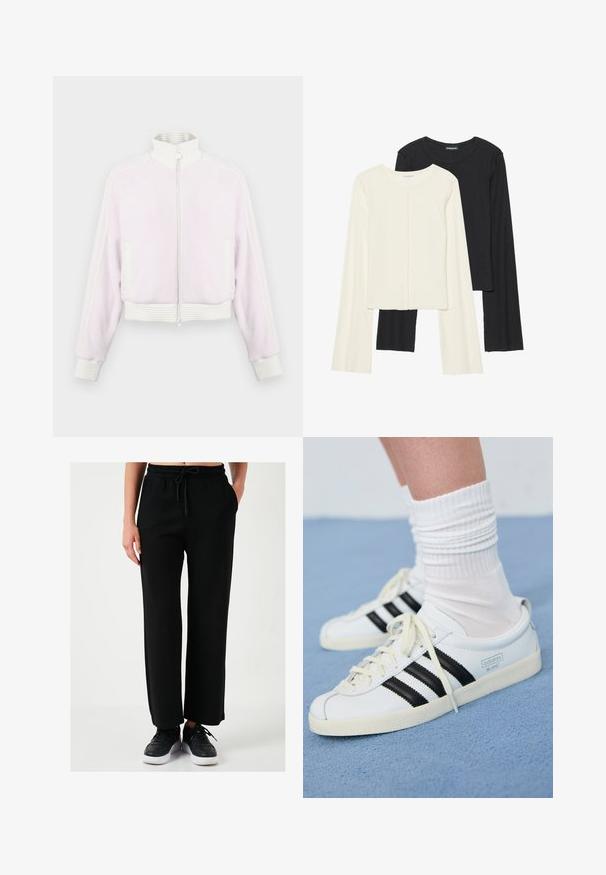 Világos rózsaszín bordás anyagú zipzáras dzseki fehér bordázott részletekkel és gallérral. Oldalsó zsebekkel rendelkezik, valamint csíkozott díszítéssel a vállakon.; Két darabból álló hosszú ujjú felsők szettje fehér és fekete színben. Bordás textúra, kerek nyakkivágás, testhez simuló fazon, enyhén bővülő ujjakkal.; Fekete, bő szabású nadrág puha anyagból, elasztikus derékrésszel, zsinórral, oldalsó zsebekkel és sima textúrával.; Fehér bőr sportcipők fekete csíkokkal, krém színű talppal és világos fűzőkkel. Fehér bordázott zoknival viselve, kék háttér előtt.