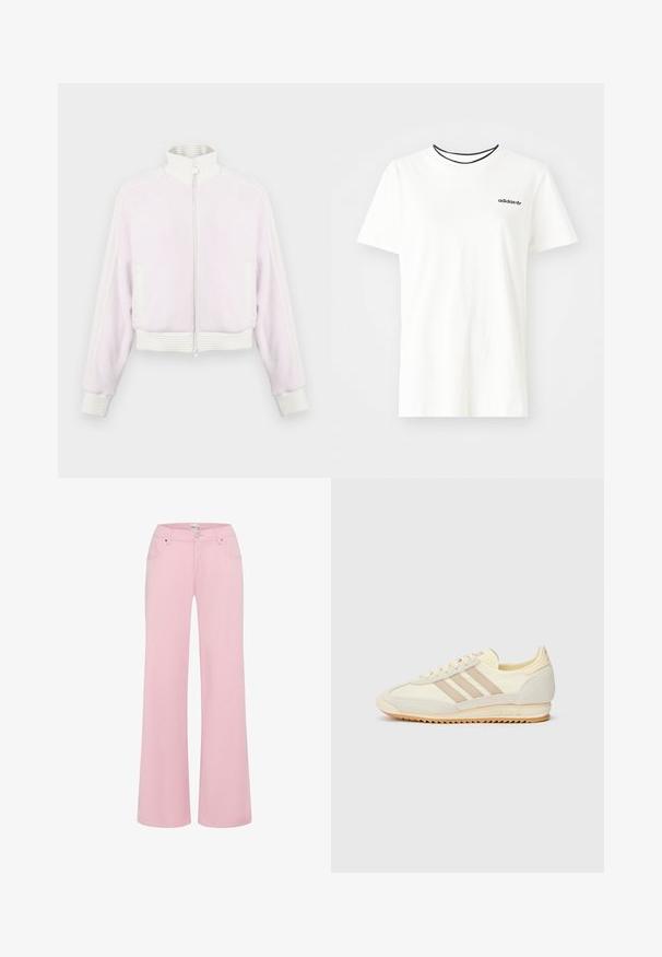Light pink corduroy zip-up jacket with white ribbed accents and collar. Features side pockets and striped detailing along the shoulders.; White cotton t-shirt with short sleeves and a round neckline. Features a black Adidas logo on the chest and a contrasting black inner collar.; Pink wide-leg pants made of soft cotton blend fabric. Features two front pockets, a button closure, and a mid-rise waistband.; Cream athletic sneaker featuring three beige stripes, suede and textile materials, a textured sole, and embossed branding on the heel.