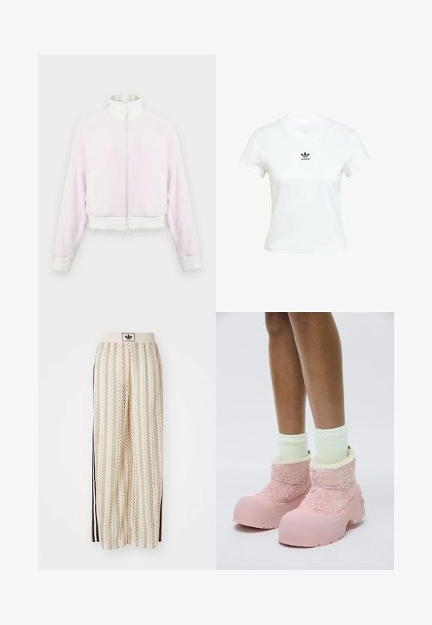 Svetloružová zamatová bundy na zips s bielymi rebrovanými akcentmi a golierom. Obsahuje bočné vrecká a pruhované detaily pozdĺž ramien.; Biela bavlnená tričko s krátkymi rukávmi a okrúhlym výstrihom. Na hrudi je vytlačené čierne logo Adidas. Jednoduchý, minimalistický dizajn.; Béžové nohavice s širokými nohavicami a zigzagovými vzormi, s čiernym logom na páse a bočnými čiernymi pruhmi. Ľahká, textúrovaná látka.; Ružové gumové topánky s textúrovaným plyšovým vrchom, mäkkou podšívkou a robustnou podrážkou. Nosené s bledozelenými nadýchanými ponožkami po členky.
