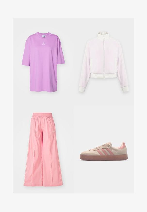 Világos rózsaszín bordás anyagú zipzáras dzseki fehér bordázott részletekkel és gallérral. Oldalsó zsebekkel rendelkezik, valamint csíkozott díszítéssel a vállakon.; adidas Originals TEE - Basic póló - preloved purple; Rózsaszín, széles lábú nadrág, könnyű anyagból készült, elasztikus derékkal és finom fehér oldalsávokkal. Kicsi logó az elején.; Beige velúr tornacipő világos rózsaszín kiegészítőkkel, texturált gumi talppal és három rózsaszín csíkkal az oldalukon. Kerek orrú és fűzős kialakítás.