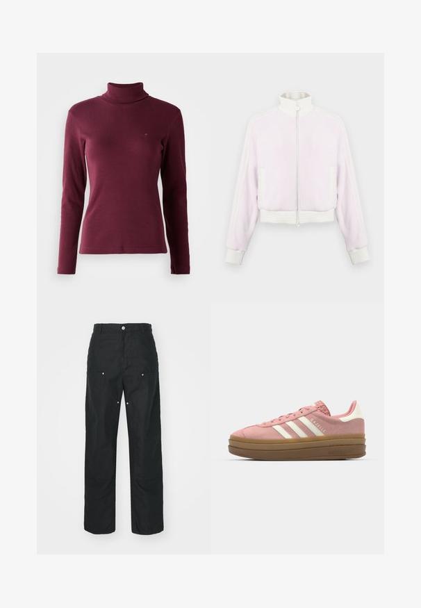 Hellrosa Cord-Jacke mit Reißverschluss und weißen gerippten Akzenten sowie Kragen. Verfügt über seitliche Taschen und gestreifte Details entlang der Schultern.; Burgunderfarbener Langarm-Turtleneck-Pullover aus geripptem Stoff, mit einer taillierten Passform und einem kleinen Logo, das auf der Vorderseite gestickt ist.; Schwarze Hose mit geradem Bein, aus einem strukturierten Stoff. Verfügt über dekorative silberne Hardware und einzigartige Nahtdetails.; adidas Originals GAZELLE BOLD - Sneaker low - mauve/off white