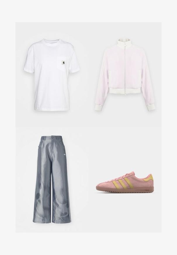 Giacca zip-up in corduroy rosa chiaro con accenti e colletto bianco a costine. Presenta tasche laterali e dettagli a righe lungo le spalle.; T-shirt bianco in cotone con maniche corte, collo rotondo e taschino sinistro con etichetta a logo in bianco e nero.; Pantaloni a gamba larga in materiale grigio lucido, con strisce laterali bianche e un motivo a fiamma sulla parte inferiore delle gambe. Chiusura con bottone e zip in vita.; Sneaker in suede rosa con tre strisce gialle, punta arrotondata e suola in gomma testurizzata. Design a profilo basso con collarino imbottito.