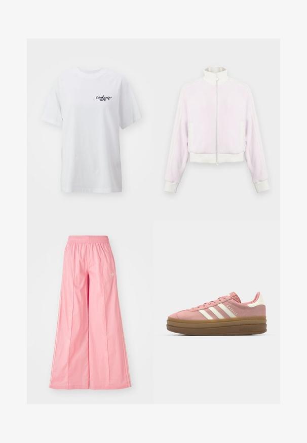 Svetlo roza kordurojeva zip-up jakna z belimi rebrastimi akcenti in ovratnikom. Ima stranske žepke in črtaste detajle ob ramenskem delu.; Bela bombažna majica s sproščenim krojem. Ima kratke rokave in majhen črn logotip "Carhartt WIP" na levem prsu.; Roza široke hlače iz lahkega materiala, z elastičnim pasom in subtilnimi belimi stranskimi črtami. Majhen logo spredaj.; adidas Originals GAZELLE BOLD - Športni copati - mauve/off white