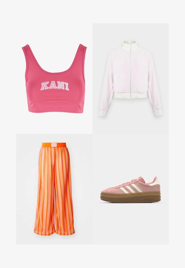 Ljusrosa kordjacka med dragkedja och vita ribbade detaljer och krage. Har fickor på sidorna och randiga detaljer längs axlarna.; Rosa crop top i mjuktyg med en vid halsringning och tjocka remmar, med "KANI" tryckt i fet vit text på framsidan.; Breda byxor med ett zick-zackmönster i livliga nyanser av orange och rosa, med midja i elastiskt material och en logotyptagg bak.; adidas Originals GAZELLE BOLD - Sneakers - mauve/off white