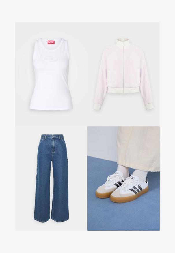 Jachetă cremoasă din fustă cu fermoar de culoare roz deschis, cu accente și guler alb cu dungi. Dispune de buzunare laterale și detalii cu dungi pe umeri.; Top alb din material moale, cu un guler rotund, formă ajustată și cu un logo Diesel embosat în centru.; Pantaloni din denim albastru cu talie înaltă și picioare largi, cu o cusătură contrastantă și buzunare laterale, având un design clasic cu cinci buzunare și margini brut.; Adidași albi cu dungi negre și accente din suede bej. Au talpă din cauciuc texturat și șireturi albe plate, purtați cu șosete de culori deschise.