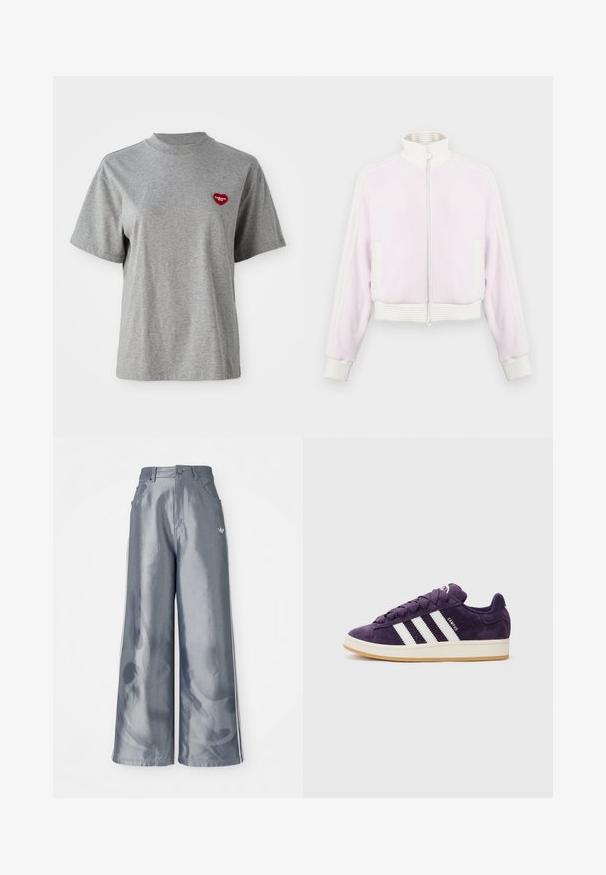 Gaisnā rozā kordūrjaka ar rāvējslēdzēju un baltajām ribotajām akcentiem un apkakli. Iezīmē sānu kabatas un svītrainu apdari plecu daļā.; Pelēka īsā piedurkne T-krekls ar mazu sarkanu sirds formas uzšuvumu kreisajā krūtīs, kas lasa "Carhartt WIP."; Platas kājas bikses no spīdīga pelēka materiāla, ar baltām sānu svītrām un liesmu rakstu apakšējā kāju daļā. Pogas un rāvējslēdzēja aizdare jostasvietā.; Violets zamšas apavi ar baltām svītrām un šņorēm, ar teksturētu augšdaļu un gaišu gumijas zoli.