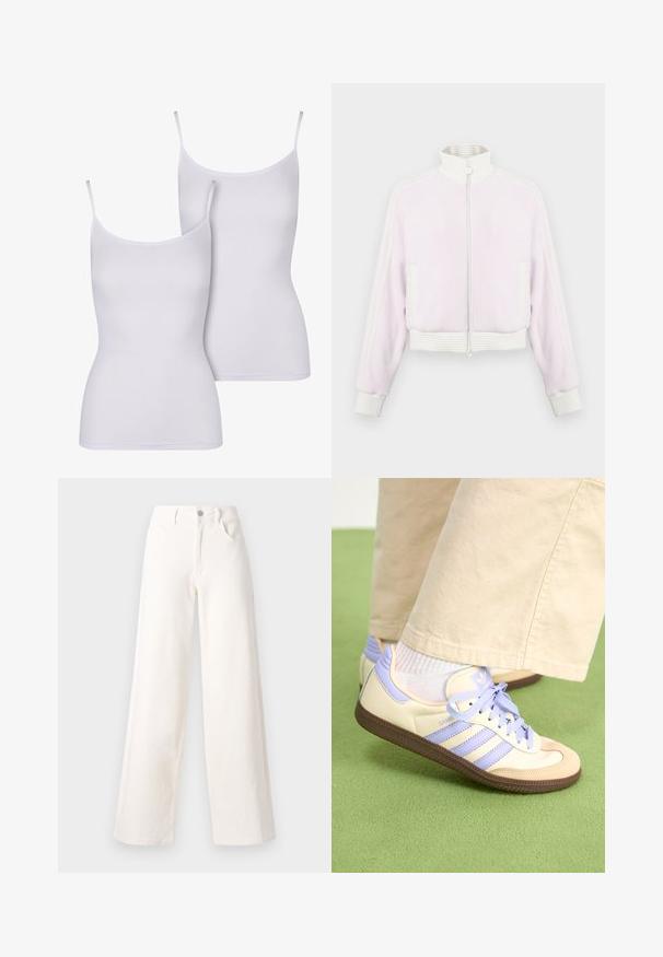 Light pink corduroy zip-up jacket with white ribbed accents and collar. Features side pockets and striped detailing along the shoulders.; Two white camisole tops with thin straps, made of smooth fabric, featuring a fitted, sleeveless design and a simple, solid color.; Wide-leg jeans made of off-white denim, featuring a front button closure, two side pockets, and clean lines without embellishments.; Cream and lavender sneakers with three stripes and a textured brown sole, featuring laces and a padded heel. Soft fabric upper.
