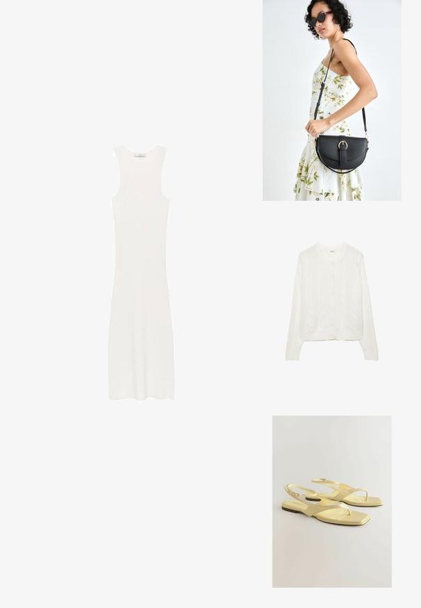 Bela pletena jopica s kabelskim vzorcem, okroglim ovratnikom in zapiranjem na gumb. Ima rebraste manšete in robove za udobno prileganje. Mehka tekstura.; Bela, brezrokavna, rebrasta pletenina obleka s prilegajočo silhueto, ki doseže pod koleni. Enostaven in minimalističen dizajn, brez vzorcev ali dodatkov.; Rumene ravne sandale z teksturirano umetno usnjeno zgornjo stranjo, obliko toe post in gleženjskim trakom s majhno zaponko. Kvadratna oblika nosu, minimalističen stil.; Črna usnjena torbica s ukrivljeno obliko, z odstranljivo naramnico in zlatimi dodatki. Torbica ima pokrov s podrobnostmi v obliki zaponke.