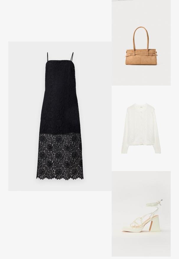 Bjela pletena kardigan s uzorkom cable, okrugli dekolte i kopčanje na gumb. Ima rebraste manžete i donji rub za udobno pristajanje. Mekana tekstura.; Crna čipkasta haljina s tankim naramenicama, koja sadrži složene cvjetne uzorke. Porub je valovit, što dodaje detalj dizajnu tkanine.; Bijela sandala na visokoj potpetici s debelim petom, s remenom i vezanjem oko gležnja. Glatka tekstura s platformom sprijeda za dodatnu visinu.; Torbica od tan zamsha s dva dugačka ručka, pravokutnog oblika i dekorativnim šavovima. Ima bočni pojas i diskretne zlatne metalne akcenti.