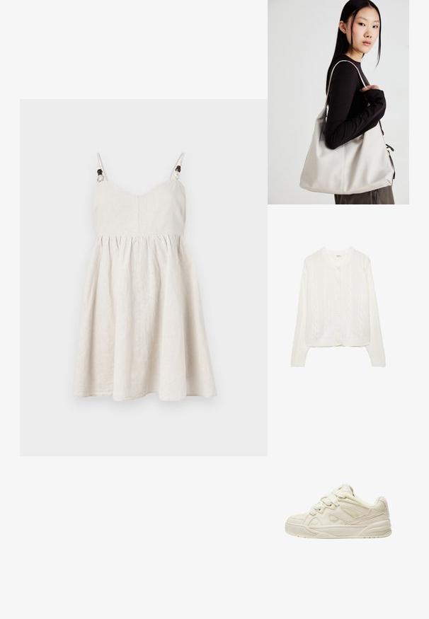 Biały sweter zapinany na guziki, z dzianiną w warkoczowy wzór, okrągłym dekoltem i zapinany na guziki. Posiada ściągacze przy mankietach i u dołu dla lepszego dopasowania. Miękka faktura.; Lniana sukienka w jasnym beżu, z dopasowanym korpusem, rozkloszowanym dołem, regulowanymi ramiączkami ozdobionymi drewnianymi koralikami i marszczeniami.; Beżowe trampki z teksturowaną cholewką, wyraźnymi sznurowadłami, siateczkowymi panelami i grubą podeszwą. Krzywy design z wyściółką w okolicy kostki dla komfortu.; Beżowa torebka wykonana z miękkiego materiału, charakteryzująca się luźnym fasonem, wyszywanymi detalami i dwoma uchwytami na ramię. Idealna na co dzień.