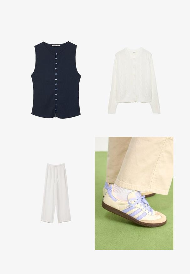 Hvid strikket cardigan med kabeldesign, rund hals og knaplukning. Har ribbede manchetter og kant for en tætsiddende pasform. Blød tekstur.; Marineblå ærmeløs top lavet af tekstureret stof, med en rund halsudskæring og en frontplacket med ni blå knapper.; Hvide bukser med bred benlængde lavet af et letvægtsstof. Har et elastisk talje med snor og sidelommer. Glat tekstur.; Creme og lavendel sneakers med tre striber og en tekstureret brun sål, der har snørebånd og en polstret hæl. Blødt stof øvre.