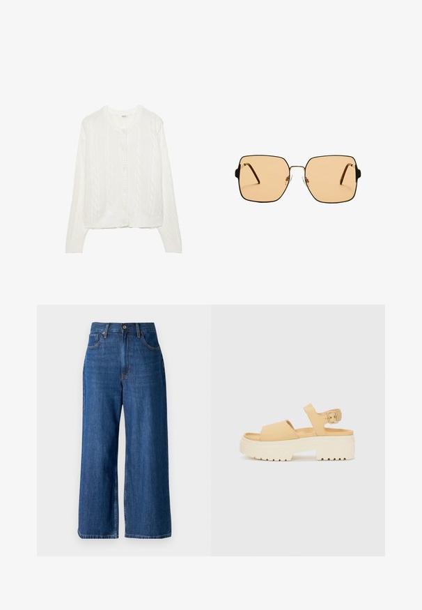 Bela pletena jopica s kabelskim vzorcem, okroglim ovratnikom in zapiranjem na gumb. Ima rebraste manšete in robove za udobno prileganje. Mehka tekstura.; Črno-bela prugasta majica iz bombaža. Ima okroglo izrez in majhen rdeč Levi's logotip na prsih. Kratki rokavi.; Široke jeanse iz denima v temno modri barvi z diskretnim bledanjem, zadrgo in sprednjima žepoma. Imajo kontrastno šivanje in standardni pas.; Rumene natikače iz umetnega usnja s širokim belim podplatom. Imajo dva široka traka in nastavljiv gležni trak z kovinsko zaponko.; Kvadratne sončna očala z rjavimi lečami in tankim črnim kovinskim okvirjem. Imajo poševne ušesne dele in nastavljive nosne blazinice za udobje.