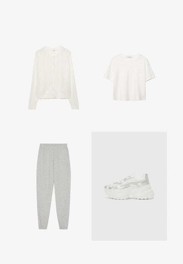 Bjela pletena kardigan s uzorkom cable, okrugli dekolte i kopčanje na gumb. Ima rebraste manžete i donji rub za udobno pristajanje. Mekana tekstura.; Bijela majica kratkih rukava od pamuka. Ima okrugli izrez i opušteni kroj. Glatka tekstura bez vidljivih uzoraka ili naglasaka.; Svijetlosivi trenirci napravljeni od mekanog pamuka, s elastičnim pojasom, uskim rukavima i bez vidljivih džepova ili uzoraka.; Srebrne tenisice s teksturiranim mrežastim gornjištem i iridescentnim akcentima, s debelim bijelim potplatom i vezanjem na vezice.