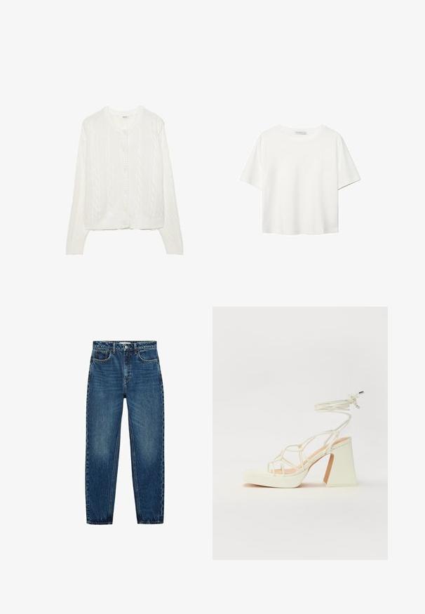 Bjela pletena kardigan s uzorkom cable, okrugli dekolte i kopčanje na gumb. Ima rebraste manžete i donji rub za udobno pristajanje. Mekana tekstura.; Bijela majica kratkih rukava od pamuka. Ima okrugli izrez i opušteni kroj. Glatka tekstura bez vidljivih uzoraka ili naglasaka.; Tamne traperice u tamnoplavoj boji s ravnim nogavicama, koje imaju pet džepova, kontrastnu šav i uzorak na pojasu.; Bijela sandala na visokoj potpetici s debelim petom, s remenom i vezanjem oko gležnja. Glatka tekstura s platformom sprijeda za dodatnu visinu.