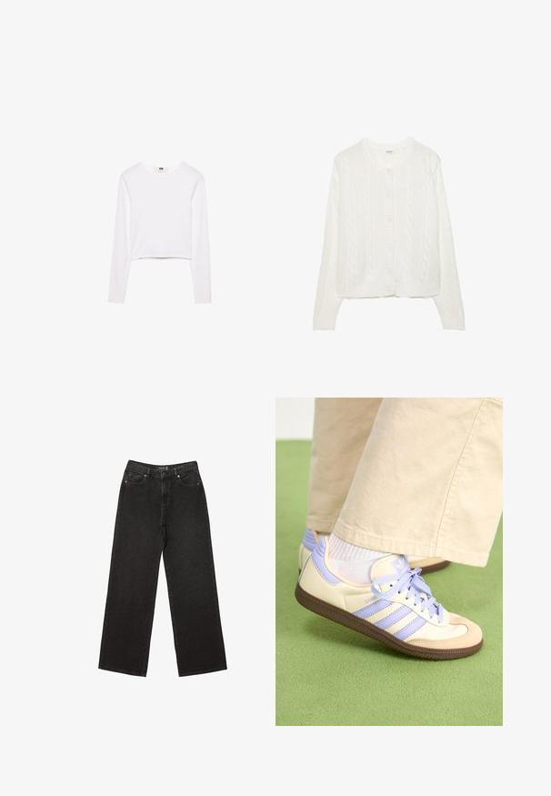 Hvid strikket cardigan med kabeldesign, rund hals og knaplukning. Har ribbede manchetter og kant for en tætsiddende pasform. Blød tekstur.; Hvid langærmet crop top lavet af blødt stof. Har en rund halsudskæring og et enkelt, slankt design uden mønstre eller udsmykninger.; Sorte brede jeans lavet af denim, med små prikkede mønstre, klassisk fem-lomme design og en knap- og lynlåslukning.; Creme og lavendel sneakers med tre striber og en tekstureret brun sål, der har snørebånd og en polstret hæl. Blødt stof øvre.