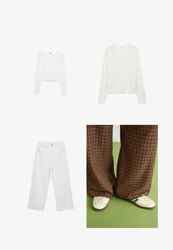 Biely pletený cardigan s kabelovým vzorom, okrúhlym výstrihom a zapínaním na gombíky. Má rebrované manžety a lem pre tesný strih. Mäkká textura.; Biely dlhý rukáv s krátkym strihom vyrobený z mäkkej tkaniny. Obsahuje okrúhly výstrih a jednoduchý, elegantný dizajn bez akýchkoľvek vzorov alebo ozdôb.; Biele široké džínsy z denimu s vysokým pásom, vybavené piatimi vreckami a kovovými doplnkami. Hladká textúra, žiadne viditeľné vzory.; Hnedé a modré kárované nohavice s širokými nohavicami skombinované s bielymi topánkami s čiernymi akcentmi a textúrovanými podrážkami, umiestnené na zelenom pozadí.