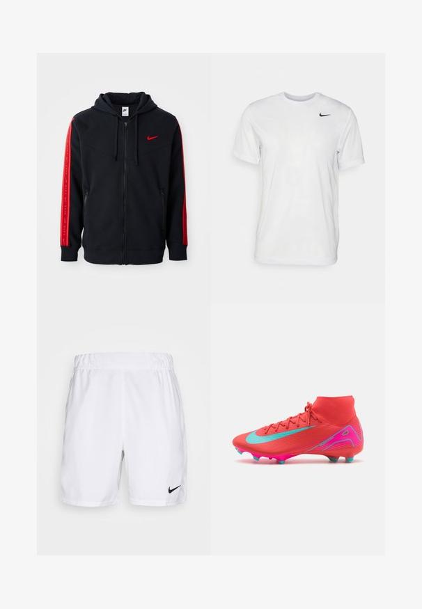Zwarte Nike zip-up hoodie met rode accenten op de mouwen, kangoeroezakken en een in het rood geborduurd logo op de borst.; Witte korte mouwen t-shirt gemaakt van gladde stof. Voorzien van een ronde hals en een klein zwart Nike-logo op de linkerborst.; Nike Performance M NKCT DF VICTORY 7IN - Korte broeken - white/black; Nike voetbalschoenen in een opvallende rode kleur met een turquoise swoosh. Heeft een hoog enkelontwerp, een gestructureerde bovenkant en een roze buitenzool met vormgegeven studs.