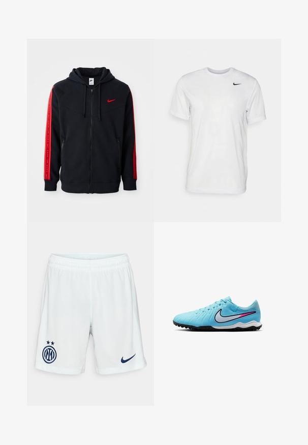 Nike juodas zip-up džemperis su raudonomis detalėmis ant rankovių, kengūros tipo kišenėmis ir raudonu logotipu išsiuvinėtų ant krūtinės.; Balta trumpa rankovėmis marškinėliai, pagaminti iš lygaus audinio. Turi apvalų kaklą ir mažą juodą Nike logotipą kairėje krūtinės pusėje.; Balti sportiniai šortai, pagaminti iš lengvos medžiagos, su siuvinėtu mėlynu logotipu ir dviem žvaigždutėmis kairiajame apatinėje kojos regione.; Šviesiai mėlyni sportiniai batai su tekstūruotu paviršiumi, juodu guminiu padu ir baltu „Nike“ swoosh su rožinėmis detalėmis. Gnybtų dizainas, žemas siluetas.