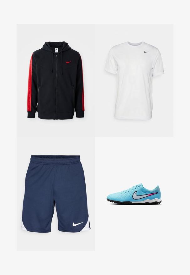 Nike juodas zip-up džemperis su raudonomis detalėmis ant rankovių, kengūros tipo kišenėmis ir raudonu logotipu išsiuvinėtų ant krūtinės.; Balta trumpa rankovėmis marškinėliai, pagaminti iš lygaus audinio. Turi apvalų kaklą ir mažą juodą Nike logotipą kairėje krūtinės pusėje.; Tamsiai mėlyni sportiniai šortai, pagaminti iš tekstūruoto audinio, su elastingu liemeniu ir baltu Nike logotipu apatineje dalyje.; Šviesiai mėlyni sportiniai batai su tekstūruotu paviršiumi, juodu guminiu padu ir baltu „Nike“ swoosh su rožinėmis detalėmis. Gnybtų dizainas, žemas siluetas.