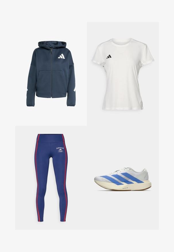 Marineblauwe ritssluiting sweatshirt met capuchon, met een wit Adidas-logo en schouderaccenten, twee voorkruisen en een zachte, gestructureerde stof.; Witte sportieve T-shirt van vochtafvoerende stof. Korte mouwen, ronde hals, met zwart logo en drie-strepenembleem op de linkerkant van de borst.; Marineblauwe leggings van rekbaar materiaal, met rode zijkanten en een Adidas-logo, en een hoog tailleontwerp voor comfort.; Witte sportschoen met blauwe strepen, geztructureerde bovenkant, platte zool en "LIGHTSTRIKE PRO" branding aan de zijkant. Laag profiel ontwerp.
