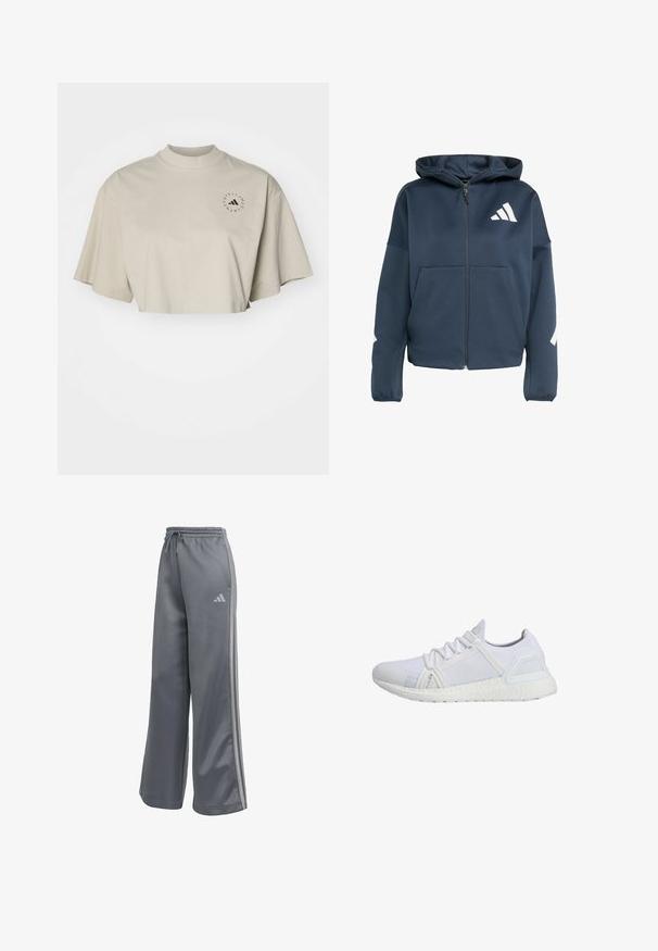 Navy blue zip-up sweatshirt with a hood, featuring white Adidas logo and shoulder accents, two front pockets, and soft, textured fabric.; Cropped, short-sleeve t-shirt in light beige cotton. Features a high neck and black circular logo on the left chest area.; Gray sweatpants made of soft fabric, featuring a drawstring waist, wide legs, and three vertical stripes along the sides with a logo.; White athletic shoe with a knit upper, textured lateral panels, and a cushioned white sole. Features laces and a reinforced toe cap.