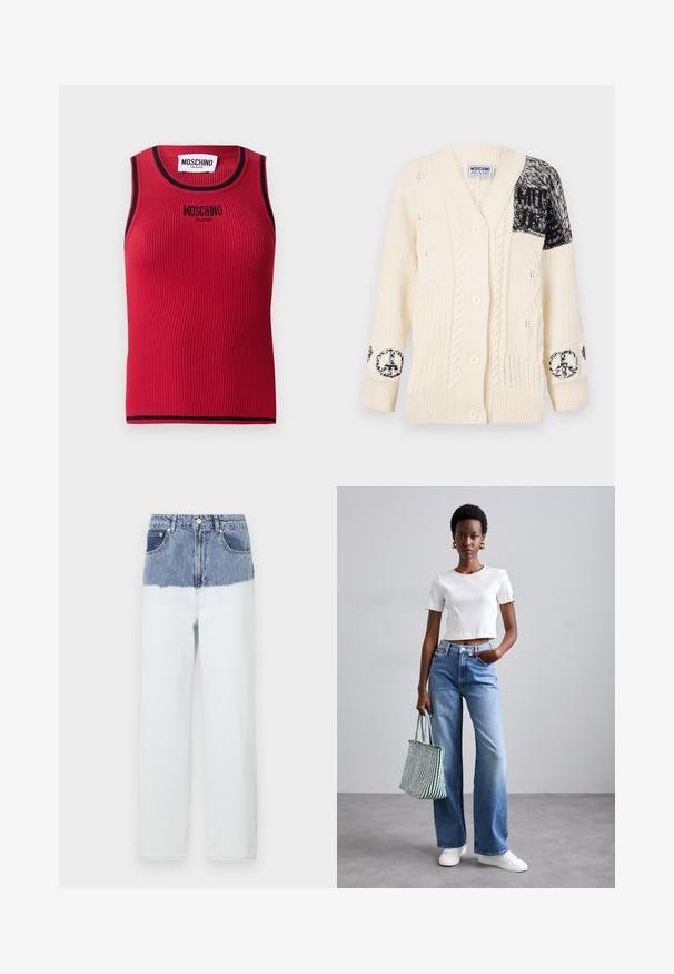 Krémový kardigán s pleteným dizajnom a čiernymi vzorovanými akcentami na rukávoch, a s piatimi gombíkmi vpredu. Unikátne štruktúrované detaily po celom obvode.; Červený rebrovaný tielko s čiernym lemovaním, s vyšitým logom "MOSCHINO JEANS" na prednej strane. Bezrukávový dizajn, priliehavý strih.; Džínsy s modrou hornou časťou, ktorá prechádza do svetlejšej modrej dolnej časti. Obsahujú päť vreciek, zapínanie na gombík a rovný strih nohavíc.; Biely rebrovaný krátky top, svetlomodré široké džínsy a biele tenisky. Drží zeleno-bielo pruhovanú tašku.
