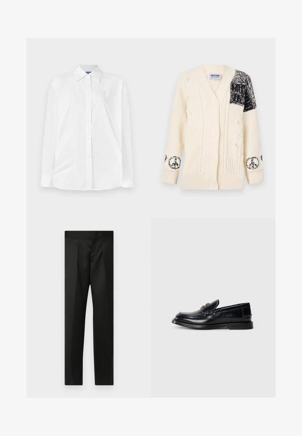 Cremefarvet cardigan med kabelstrik design, sorte mønstrede accenter på ærmerne og fem knapper foran. Unik tekstureret detaljering over det hele.; Hvid skjorte med knapper og klassisk krave, lange ærmer og et subtilt tonalt mønster i hele stoffet. Glat bomuldsstof med en afslappet pasform.; Sorte bukser med en glat stof, skræddersyet design, lige ben og en flad talje uden synlige lukninger eller lommer.; Sort læderloafers med stikninger, lille forsideklap og flad gummisål. Glat overflade med hardware i guldtoner.